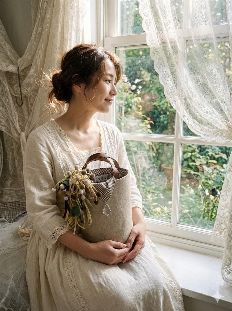 【美品】刺繍作家　森れい子さんのバケツ型バッグ/ 花コサージュ付き