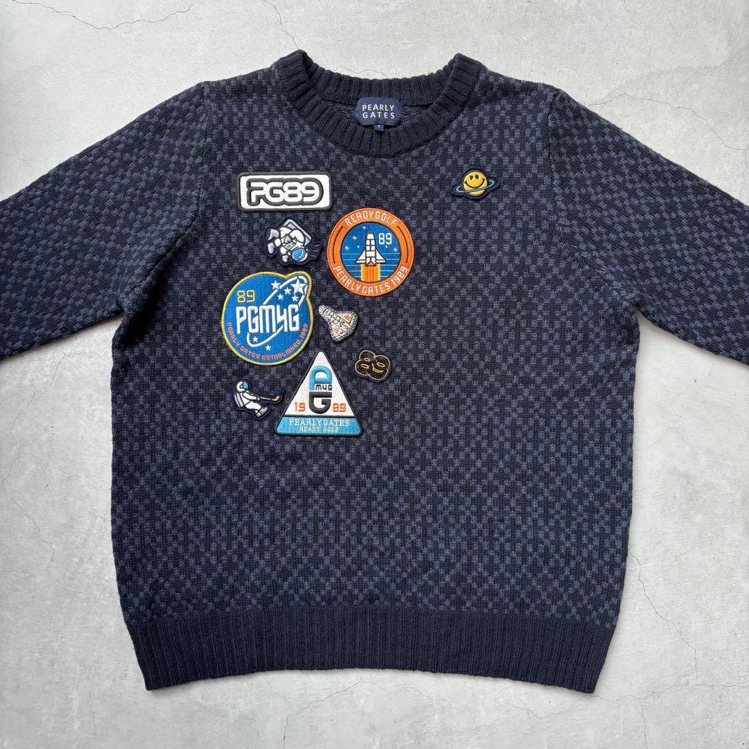 【美品】PEARLY GATES ウール混ニットセーター 宇宙 ワッペン ロゴ
