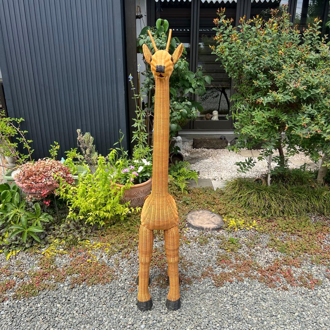 キリン ラタン家具 花台 鉢置き 籐家具 オブジェ アンティーク 希少 アニマル