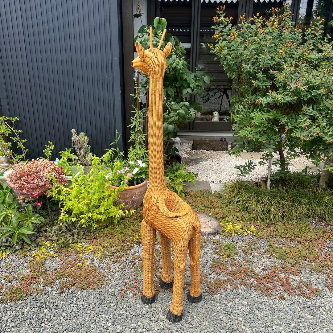 キリン ラタン家具 花台 鉢置き 籐家具 オブジェ アンティーク 希少 アニマル