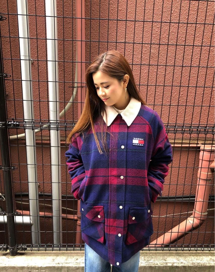  jeansコーデュロイチェックコート