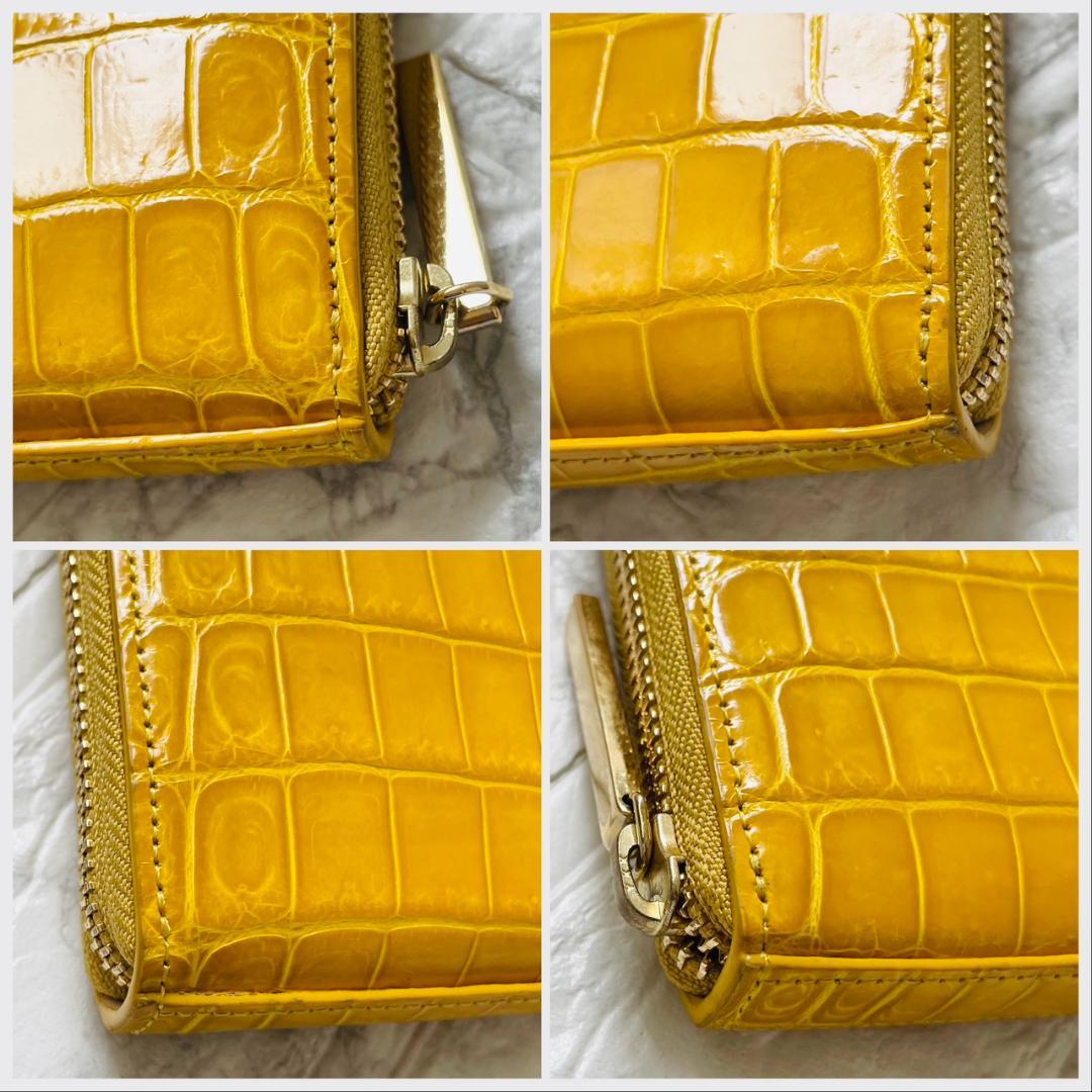 未使用級✨傳濱野 デンハマノ リアルクロコ ラウンドファスナー 長財布 イエロー