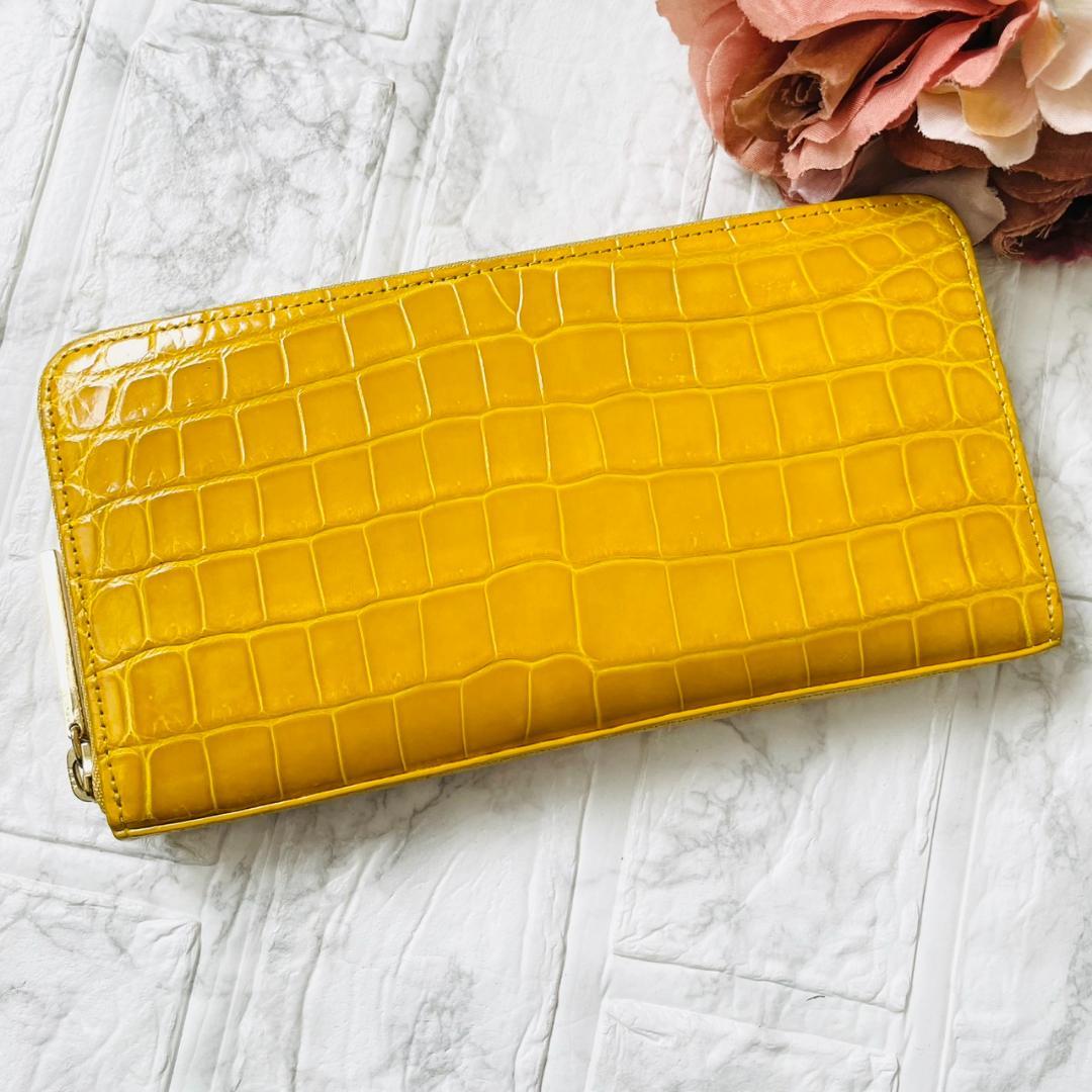 未使用級✨傳濱野 デンハマノ リアルクロコ ラウンドファスナー 長財布 イエロー