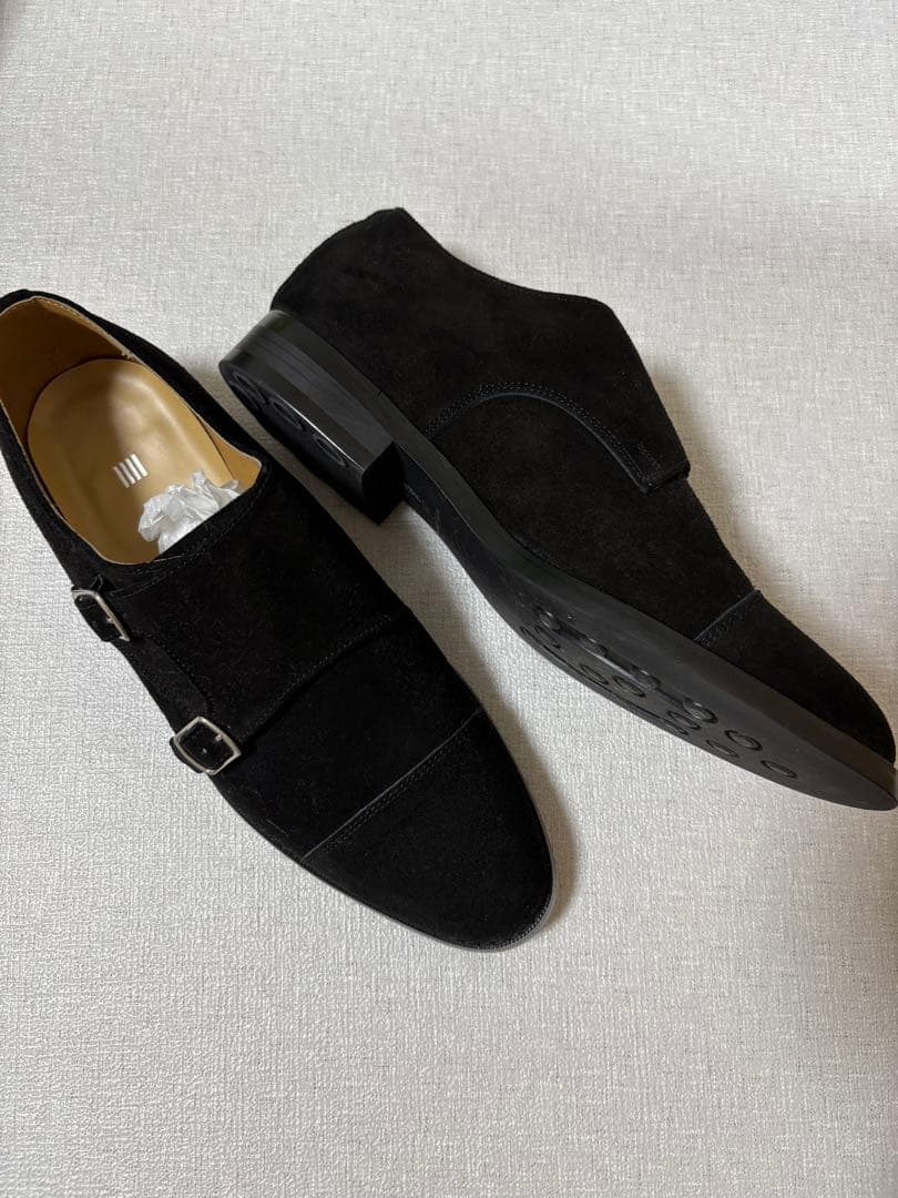 スーツセレクト　ブラック スエード ダブルモンクストラップ ドレスシューズ