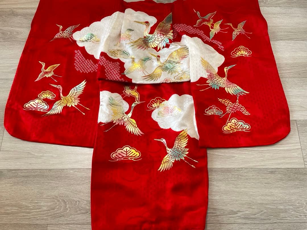 七五三　3歳　女の子　フルセット　一式　赤系　鶴　正絹