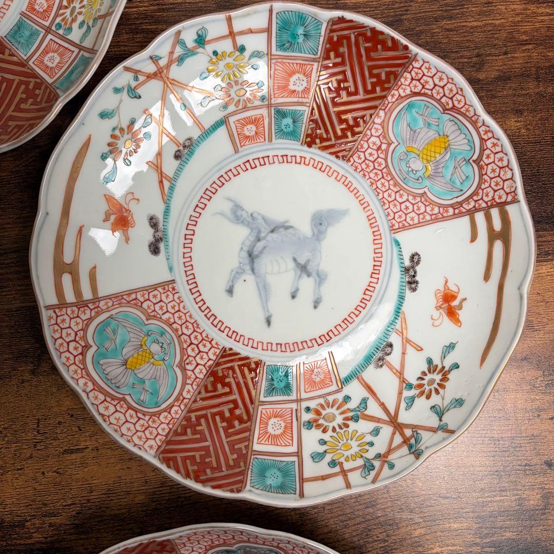 古伊万里　赤絵麒麟図七寸皿五客　大皿/中皿/アンティーク/お皿 020