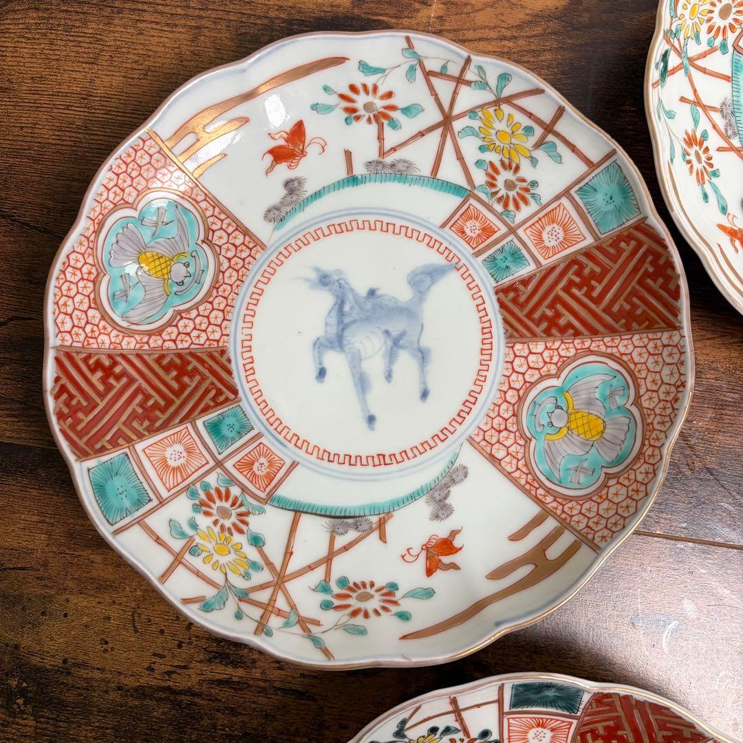 古伊万里　赤絵麒麟図七寸皿五客　大皿/中皿/アンティーク/お皿 020
