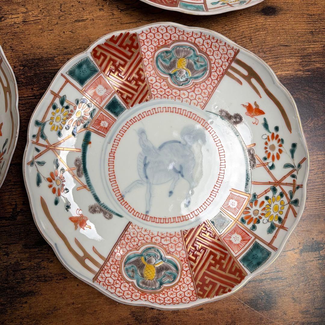 古伊万里　赤絵麒麟図七寸皿五客　大皿/中皿/アンティーク/お皿 020