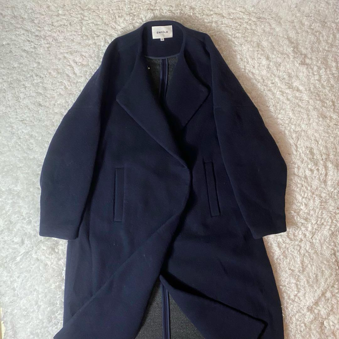 ENFOLD ウールリバー ノーカラーコート ネイビー 38 着丈122cm