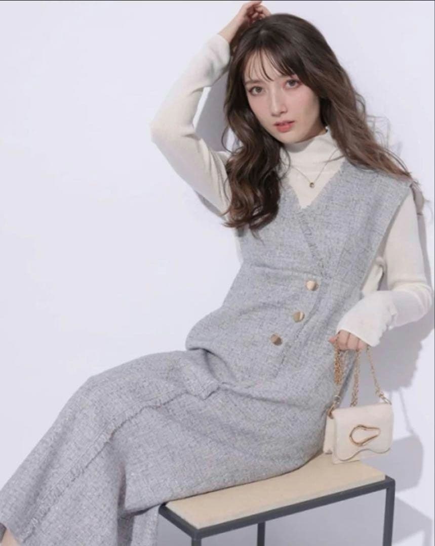 アプワイザーリッシェのラップツイードジャンスカ　ライトグレーＭ