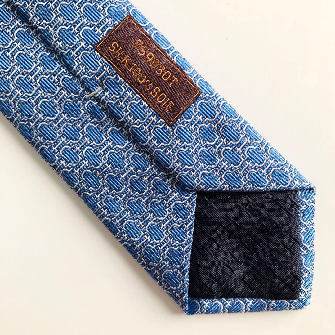 HERMES ネクタイ 紋章柄 ブルー