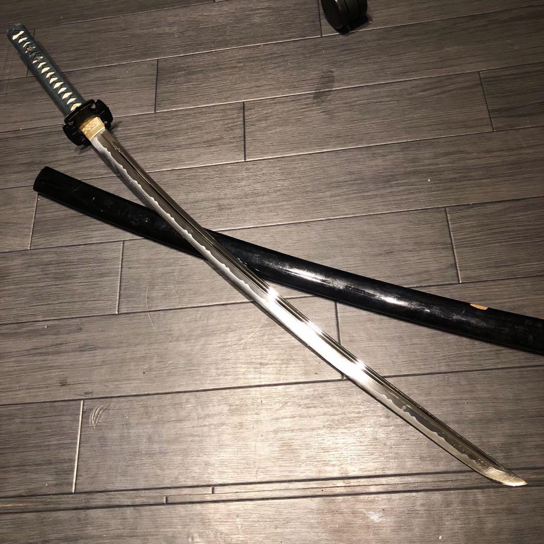 最高級模造刀　高級居合刀　樋入り刀身　青緑拵え　亜合金刀身　名刀