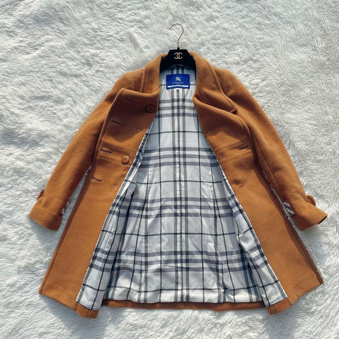 バーバリー ブルーレーベル ロングコート キャメル チェック裏地 ウール混 40