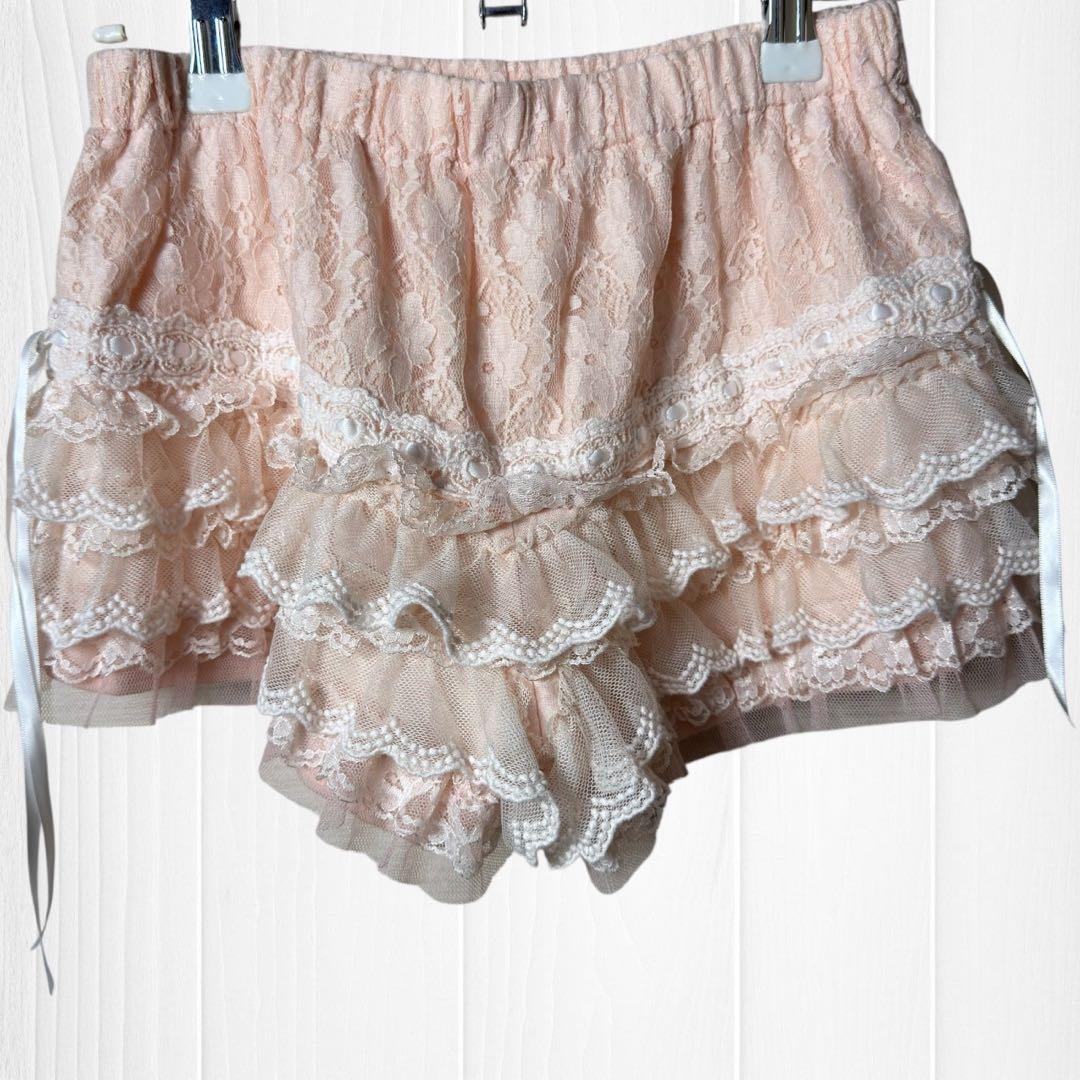 【美品】 ピンク系 レース ショートパンツ レースウエストゴム【0】リズリサ