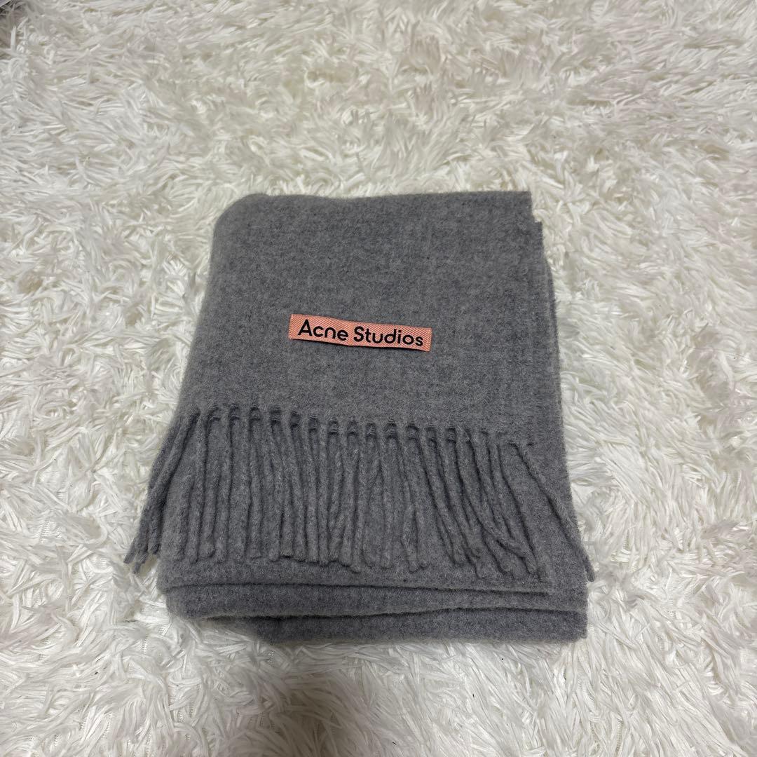 購入明細付きacne studioフリンジウールスカーフ ナロー ライトグレー