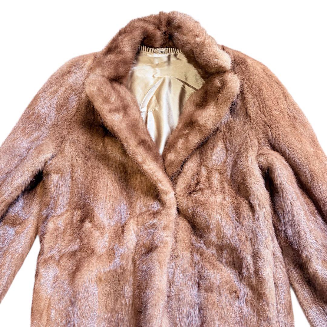 大きめ XL パステル ミンク ファー コート 花柄刺繍 女優襟 ブラウン