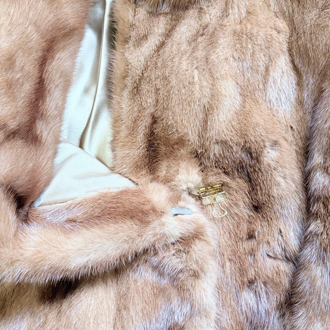 大きめ XL パステル ミンク ファー コート 花柄刺繍 女優襟 ブラウン