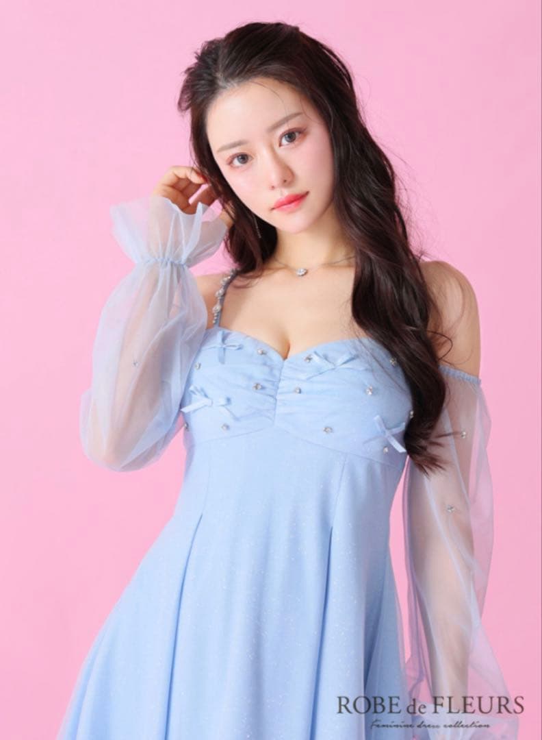 ROBE de FLEURS オフショルリボンシアースリーブフレアミニドレス新品