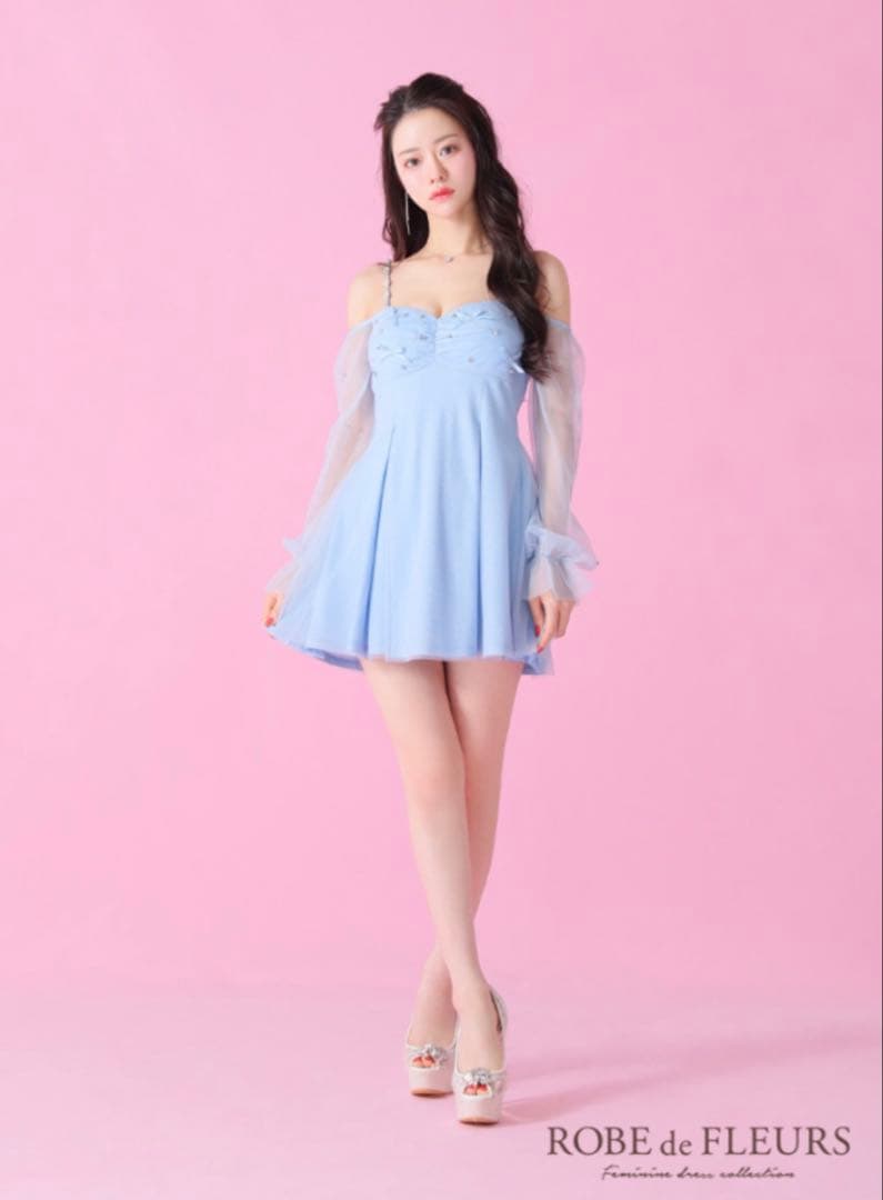 ROBE de FLEURS オフショルリボンシアースリーブフレアミニドレス新品