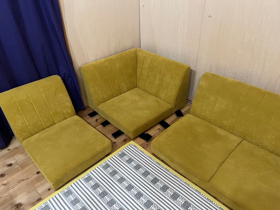 マスタード色 L字型ファブリックソファセット