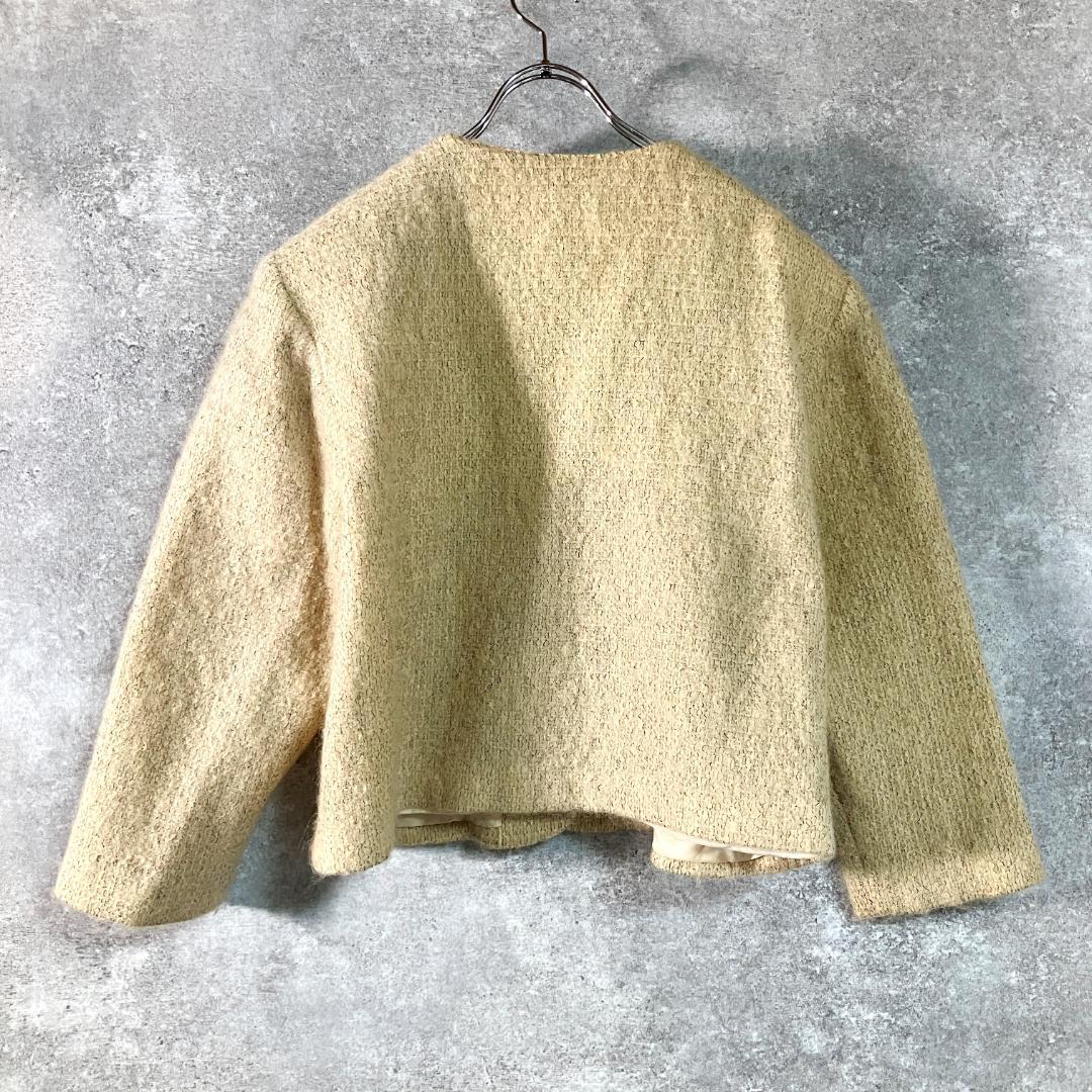 non non dorl　ノーカラー　ツイードジャケット　イエロー　花　ビーズ