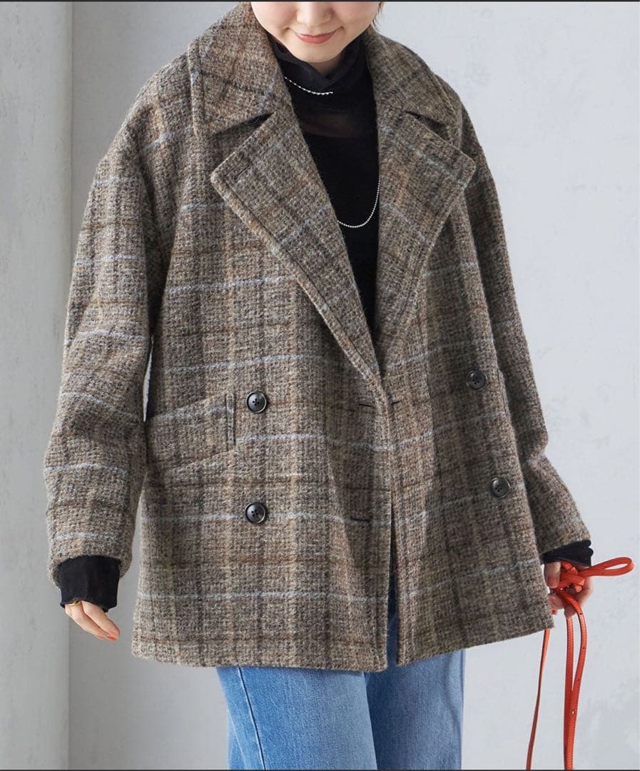 本日限定セール　SHIPS スライバーチェックショートPコート　38