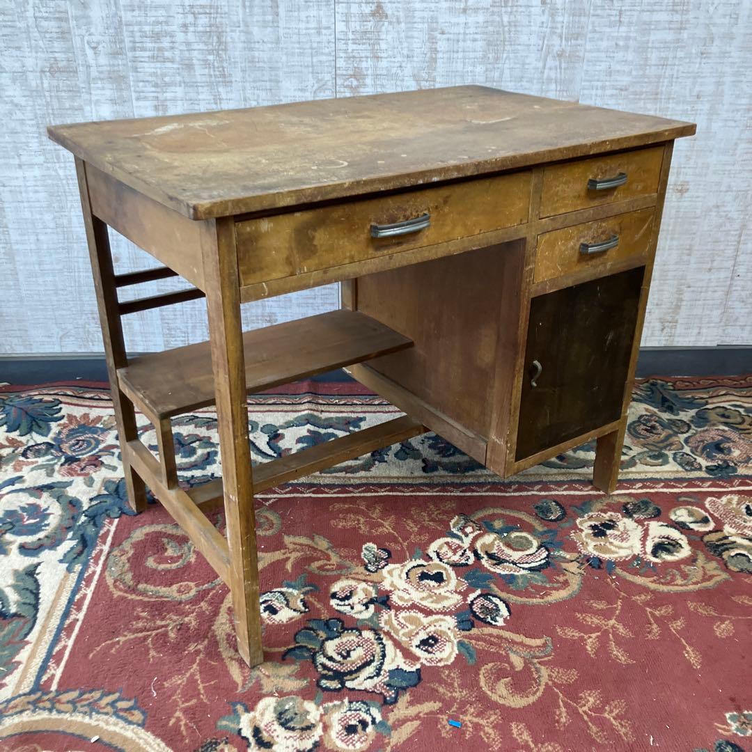 昭和レトロ 古家具 木製 片袖 書斎机 勉強机 文机 古道具古民家 ワークデスク