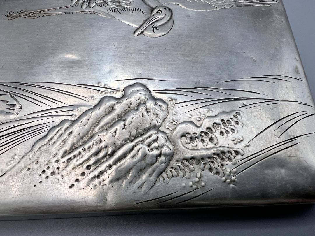 【海】銀製　秀山作　手彫　波鶴図　ケース　小箱　小物入れ　蓋のみ　約117g