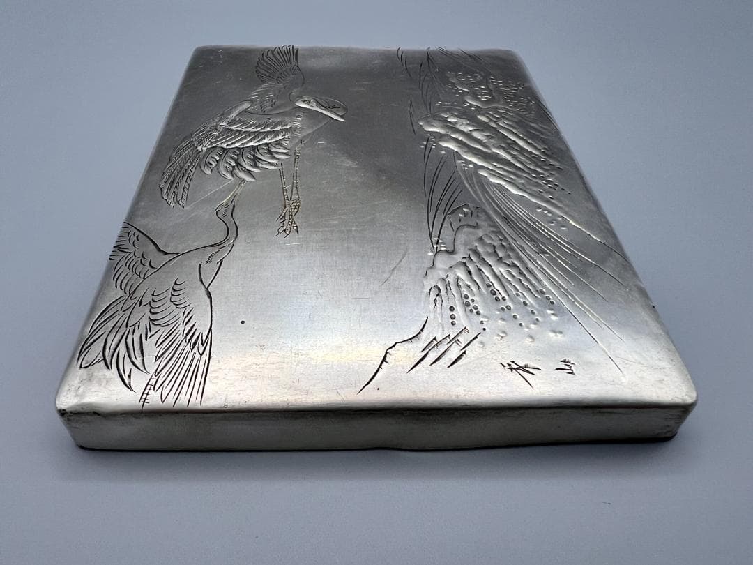 【海】銀製　秀山作　手彫　波鶴図　ケース　小箱　小物入れ　蓋のみ　約117g