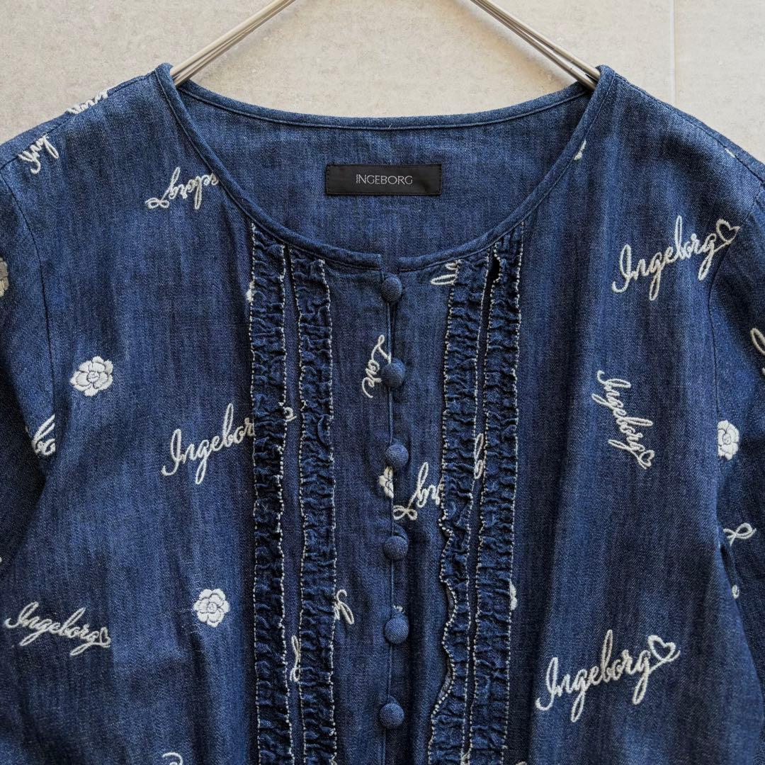 インゲボルグ ピンクハウス カメリア刺繍 ピコフリル デニムワンピース 花柄