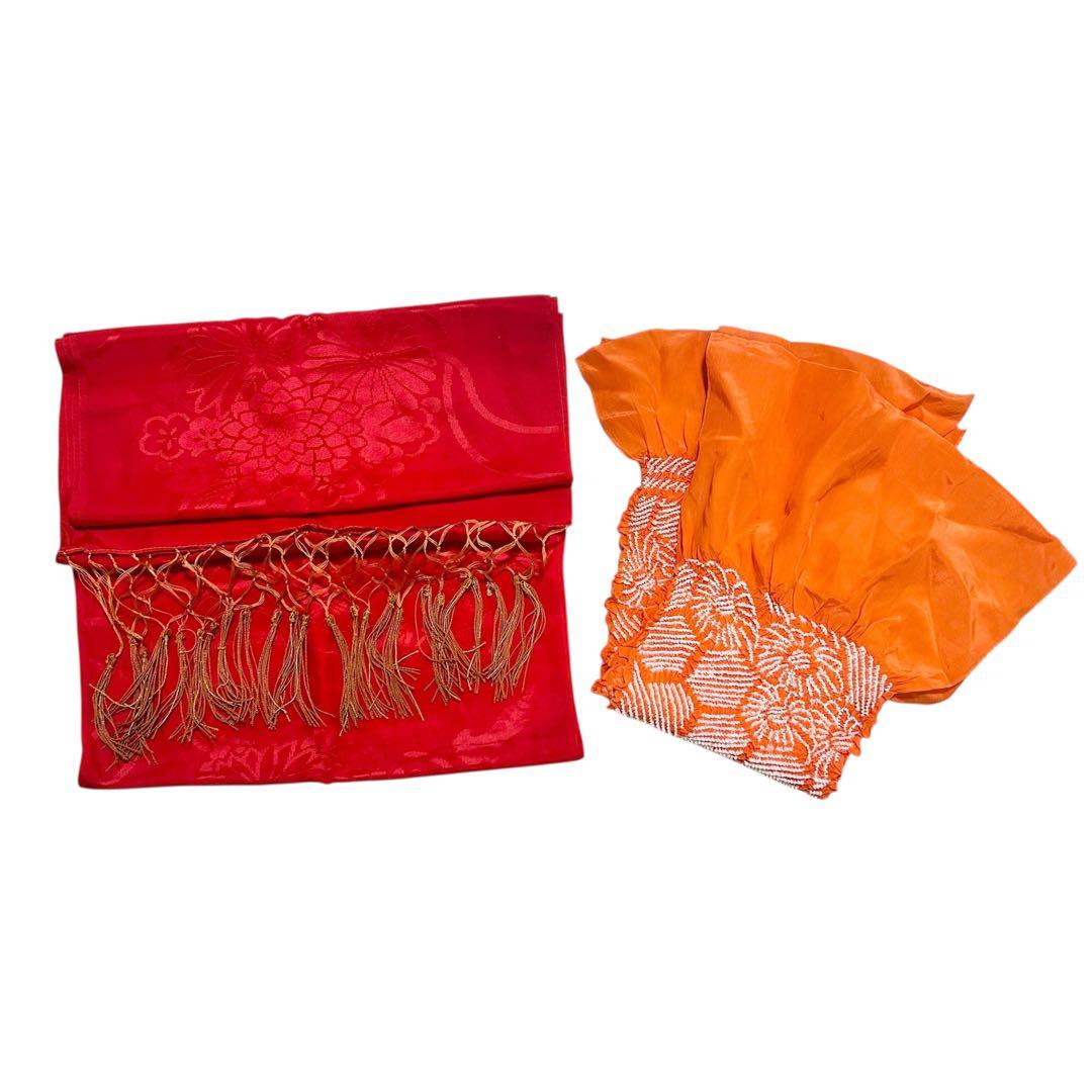 着物　七五三　7歳　女の子　13点　フルセット　オレンジ　御所車　花文　吉祥文様