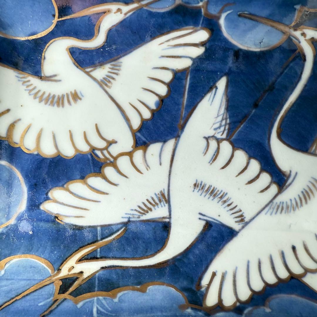 幕末明治期　染錦白鷺文様長皿　五客　古陶を楽しむ　アンティーク食器　料理屋