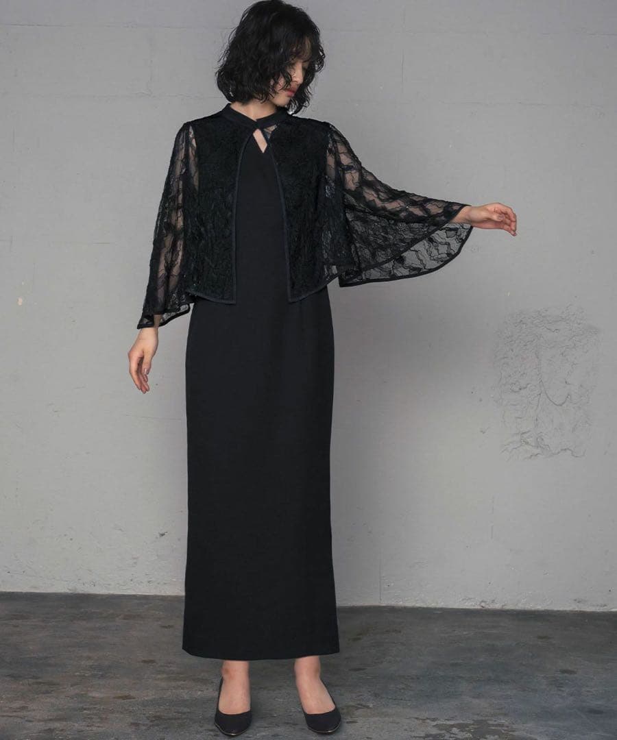 【M.H】レース ケープ Iライン ロング ワンピース パーティードレス