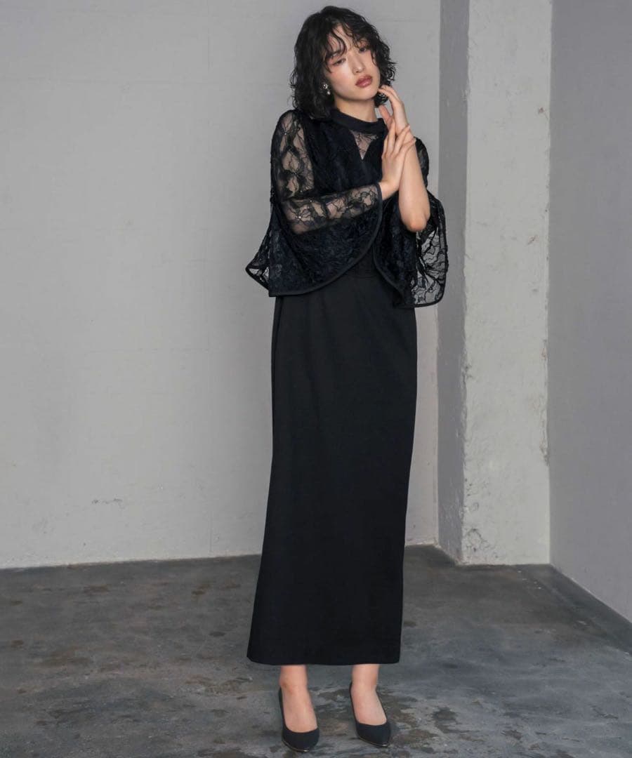 【M.H】レース ケープ Iライン ロング ワンピース パーティードレス