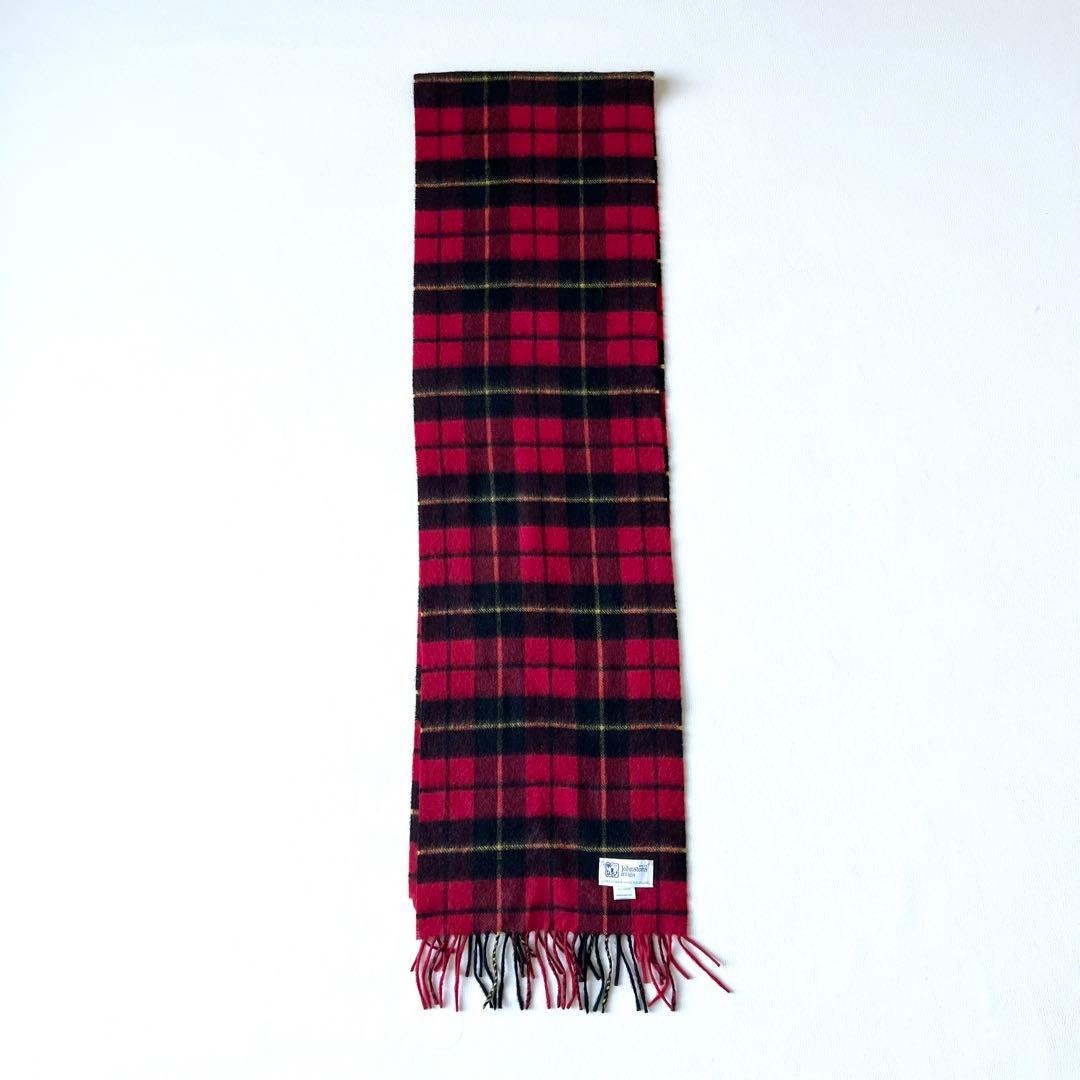 4962【美品】ジョンストンズ　マフラー チェック柄　赤