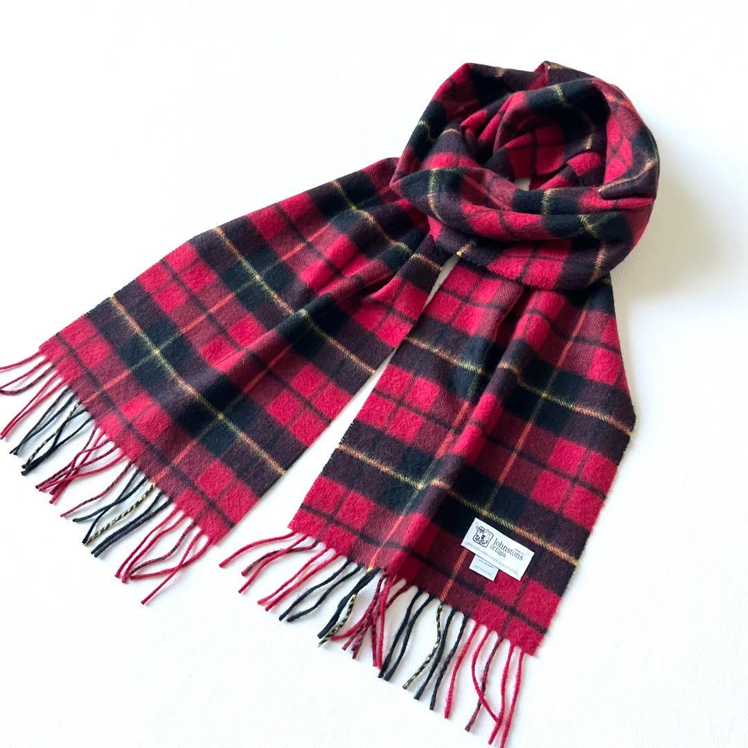 4962【美品】ジョンストンズ　マフラー チェック柄　赤