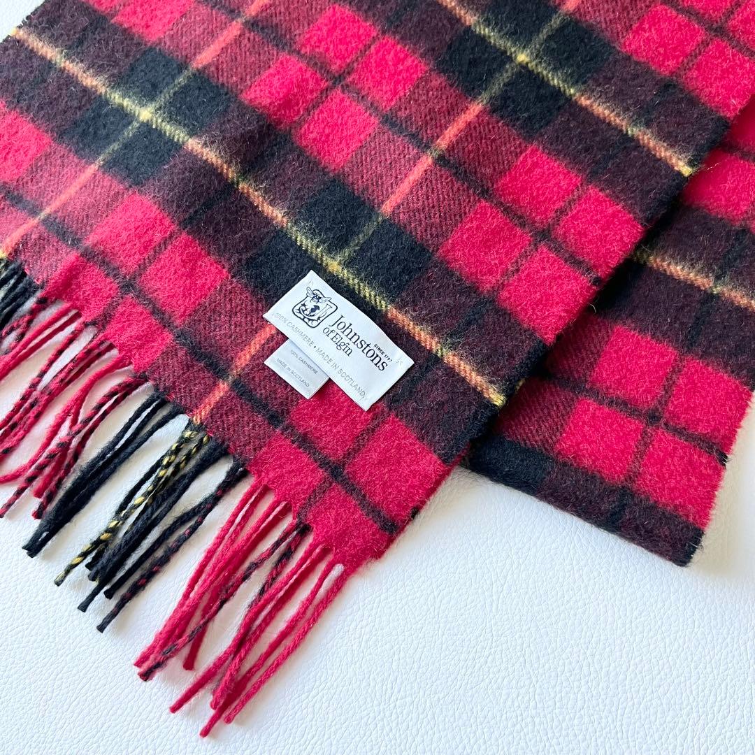 4962【美品】ジョンストンズ　マフラー チェック柄　赤