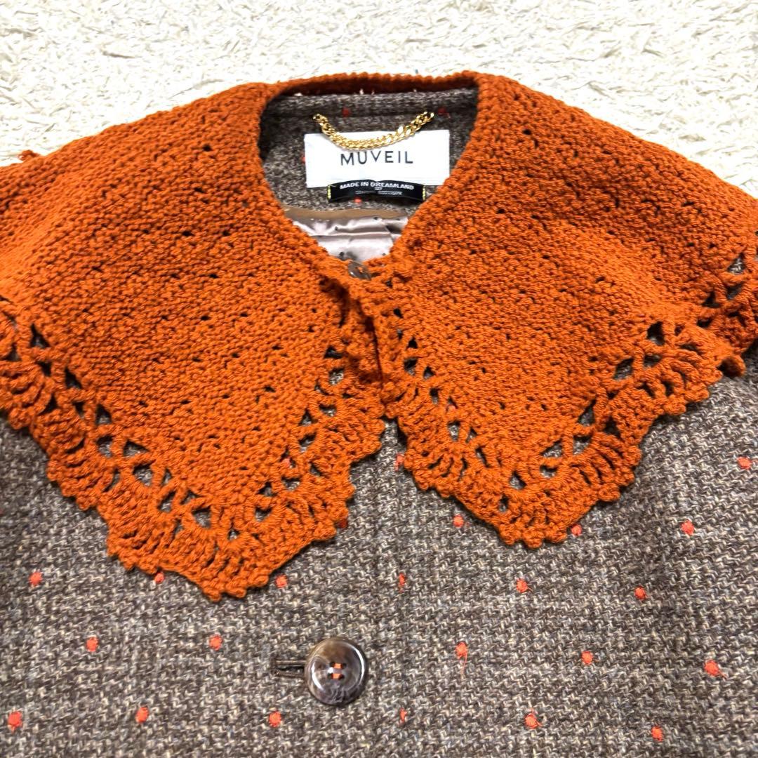 極美品　ミュベール　ニットカラー付ドット刺繍コート　ツイードコート　人気完売品