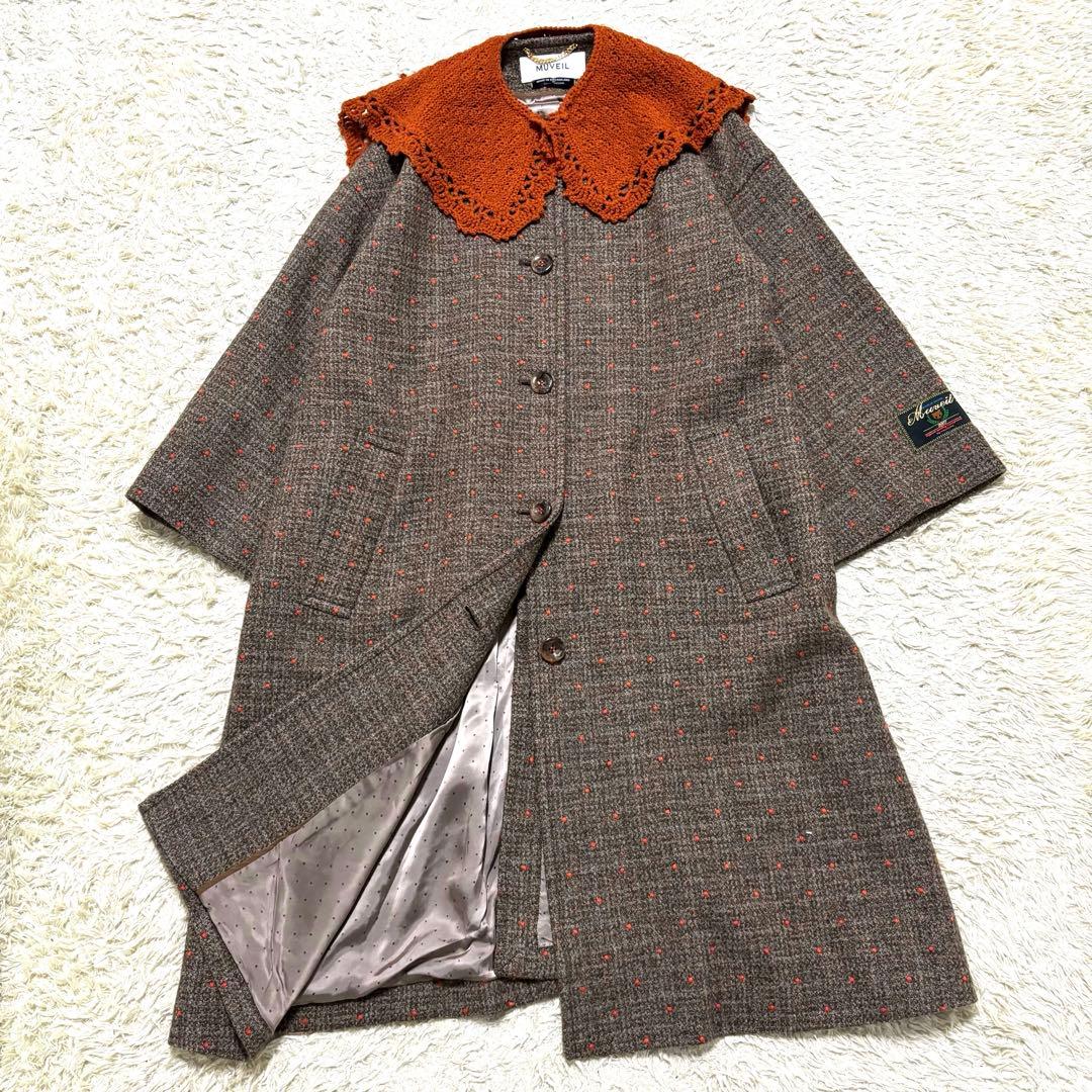極美品　ミュベール　ニットカラー付ドット刺繍コート　ツイードコート　人気完売品