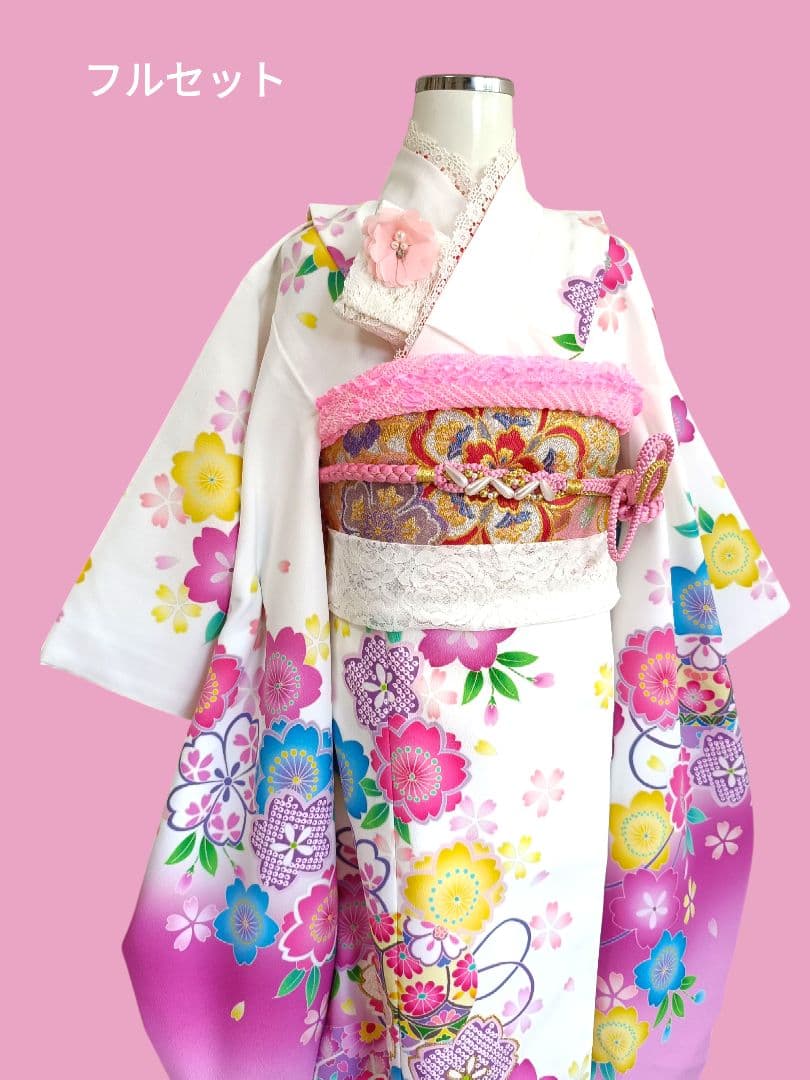 専用です☆白ピンクの着物にキラキラ作り帯☆七五三フルセット