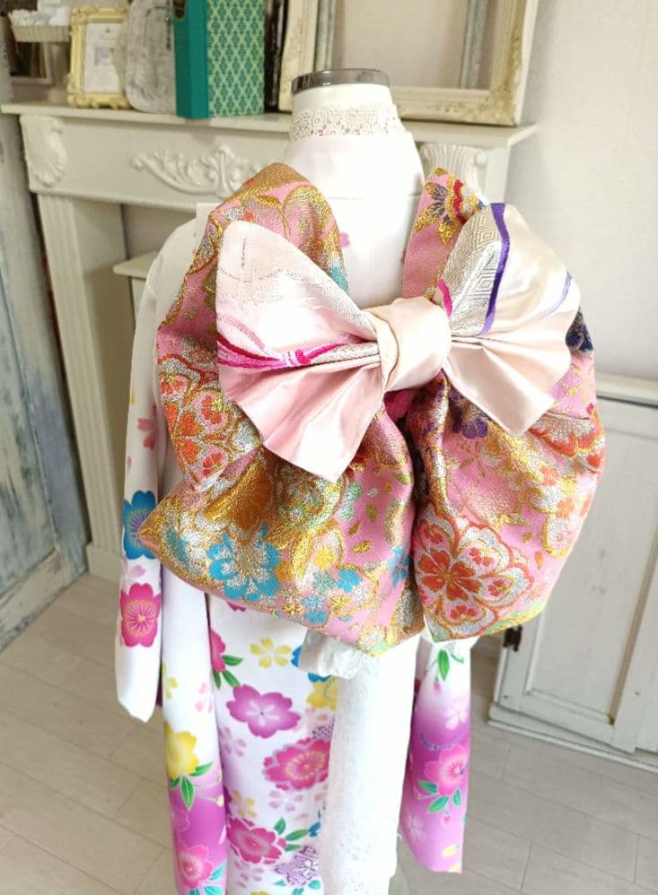 専用です☆白ピンクの着物にキラキラ作り帯☆七五三フルセット