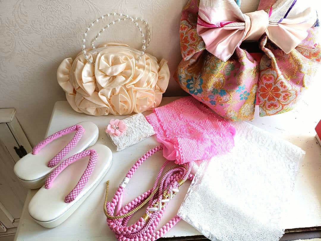 専用です☆白ピンクの着物にキラキラ作り帯☆七五三フルセット