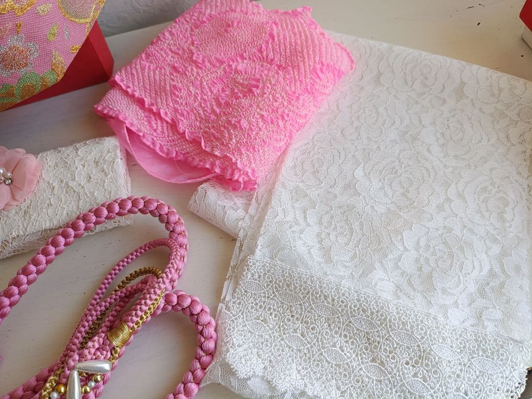 専用です☆白ピンクの着物にキラキラ作り帯☆七五三フルセット