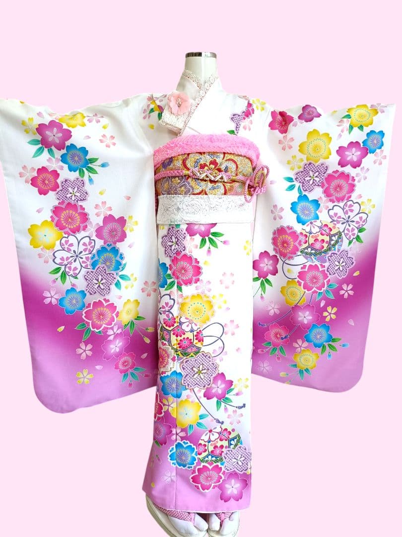 専用です☆白ピンクの着物にキラキラ作り帯☆七五三フルセット