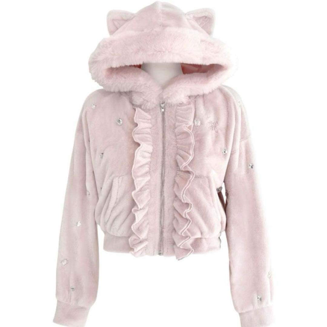 新品 ハニーミュウ ビジュー付き猫耳もこもこパーカー ピンク