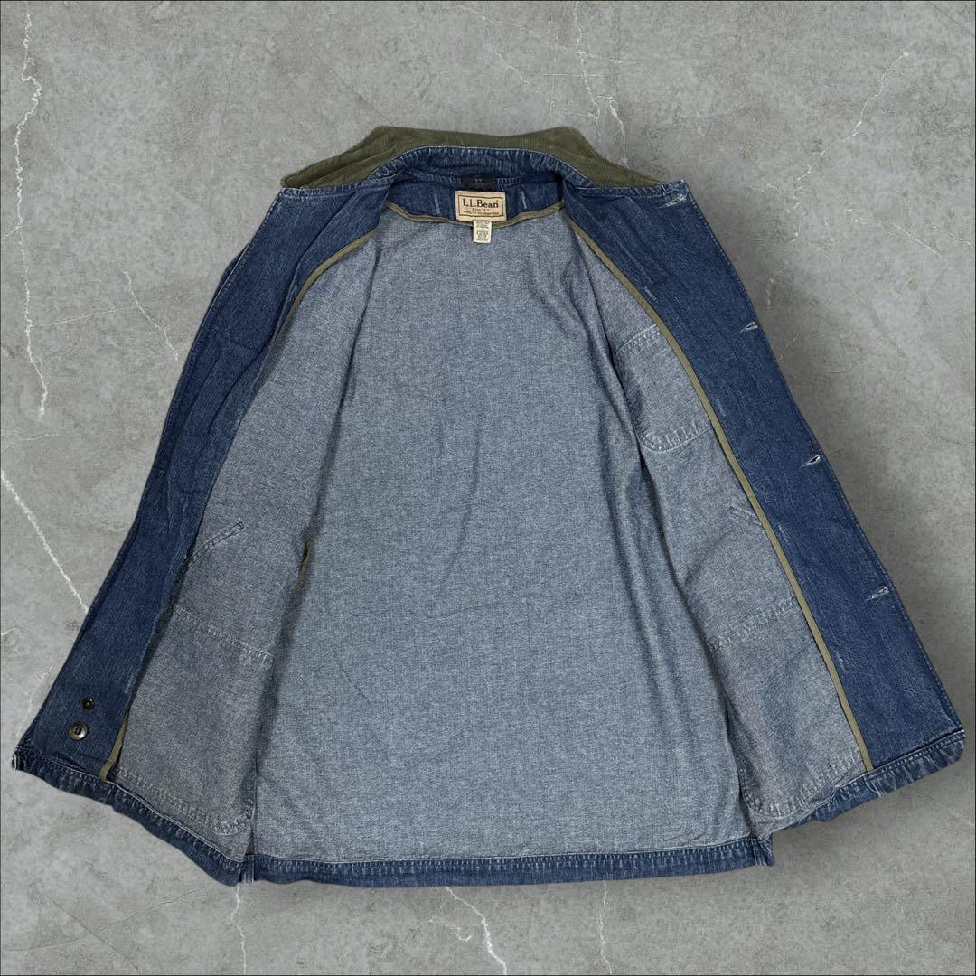 12]エルエルビーン デニムカバーオールジャケットブルゾン古着 襟コーデュロイ