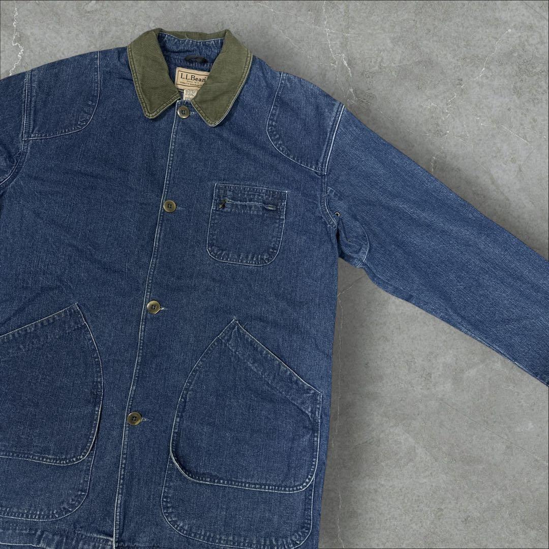 12]エルエルビーン デニムカバーオールジャケットブルゾン古着 襟コーデュロイ