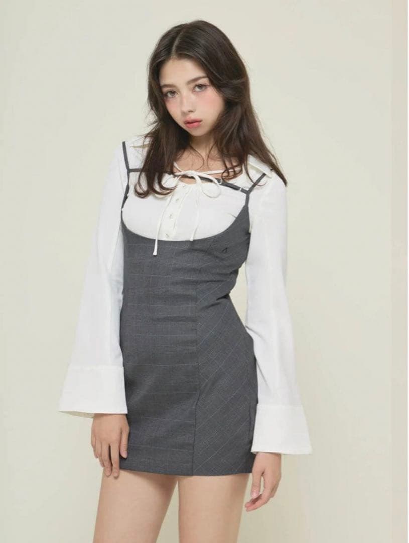 ワンピース andmary Betty layered check dress/ gray