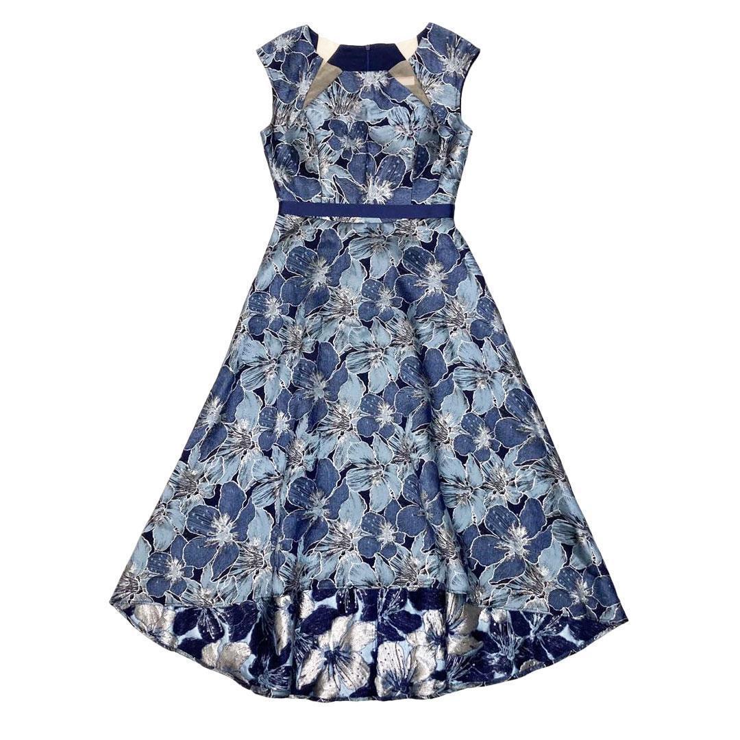 ERUKEI エルケイ フラワー刺繍 Aライン ミディアムドレス ネイビー