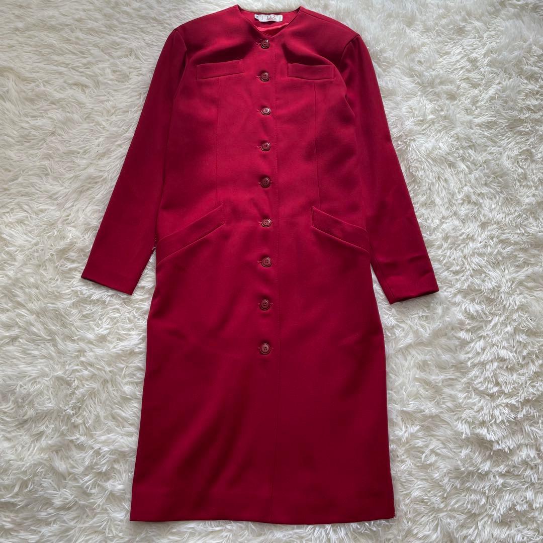 美品✨ クリスチャンディオール ノーカラー ウール ロングコート 赤 L 40